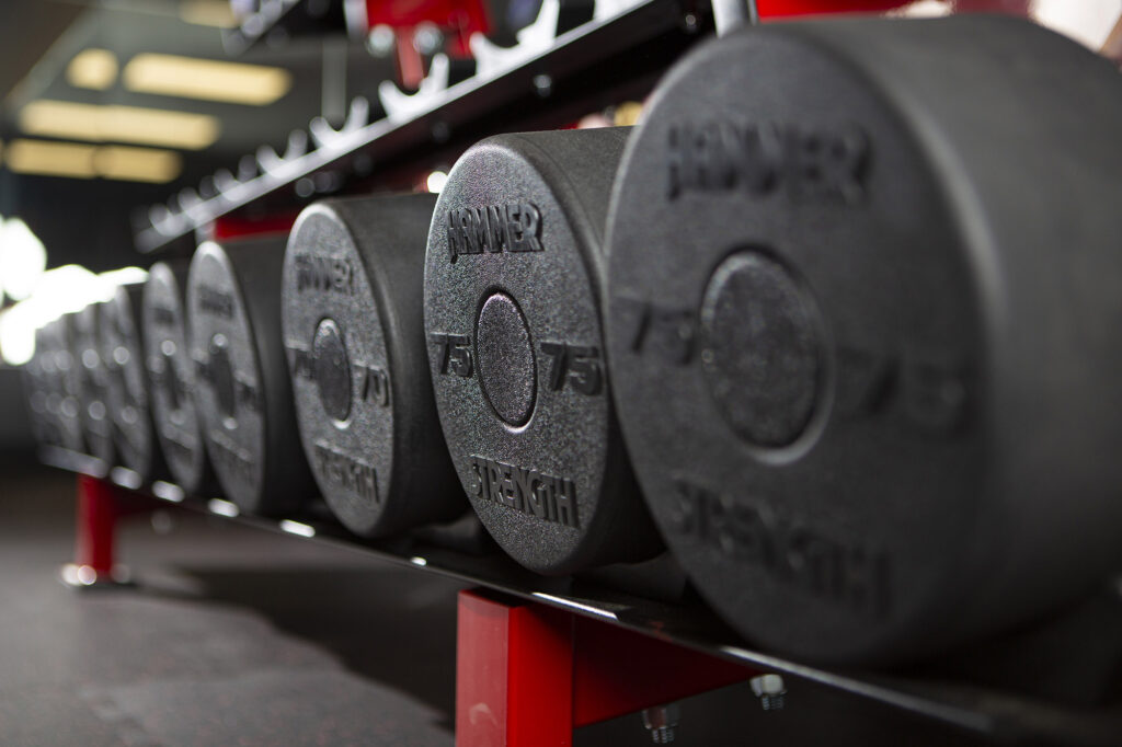 Close-up of black 75 pound weights